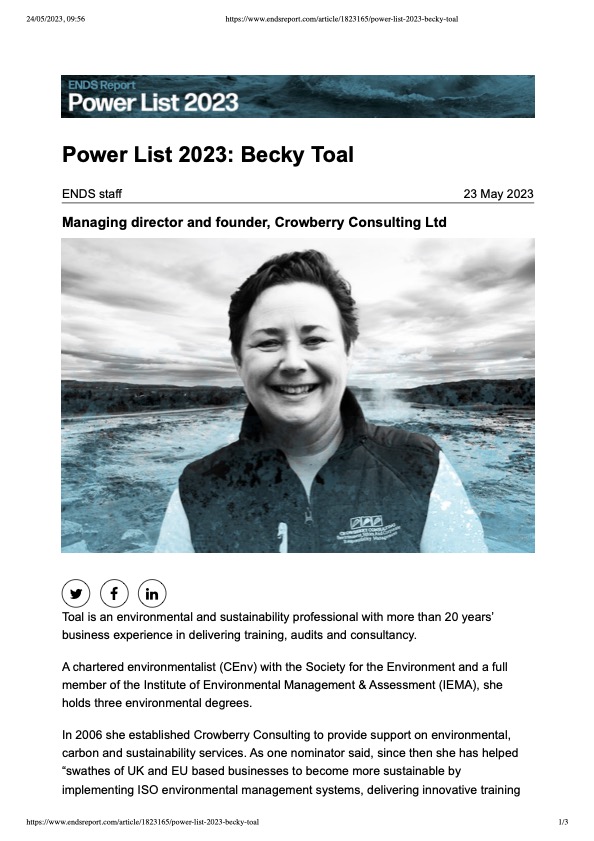 Becky Toal honoured on the Top 100 Power List ENDS